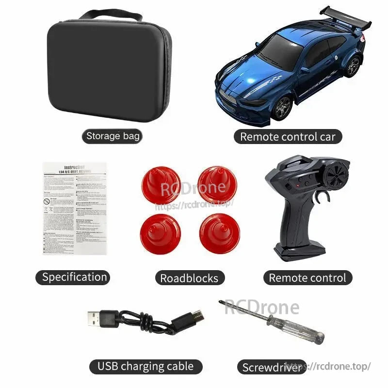 KF20 1:64 4WD Drift Rc Car, RC car package includes remote, storage bag, roadblocks, USB cable, screwdriver, and manual for easy setup and play.