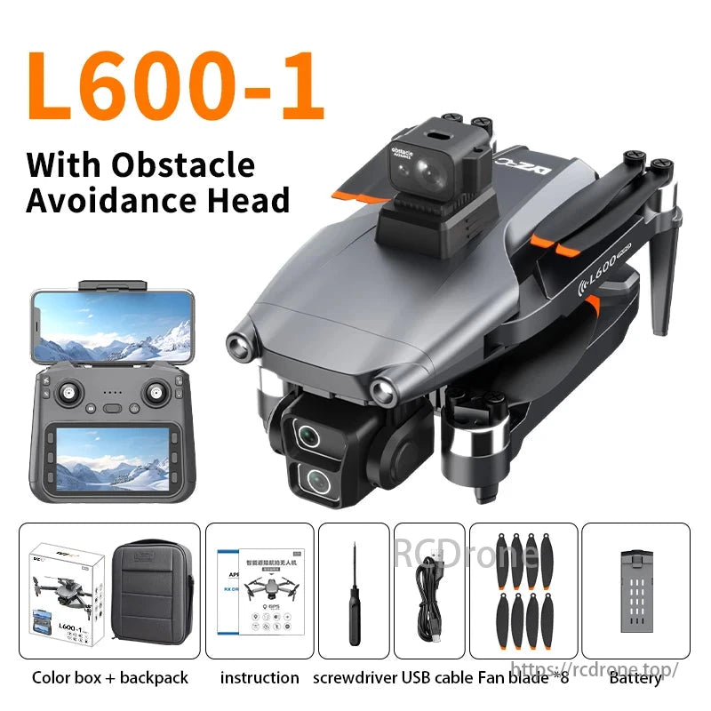 L600-1 PRO MAX GPS Drone, L600-1 drone features obstacle avoidance and comes with color box, backpack, instruction, screwdriver, USB cable, and fan blades.