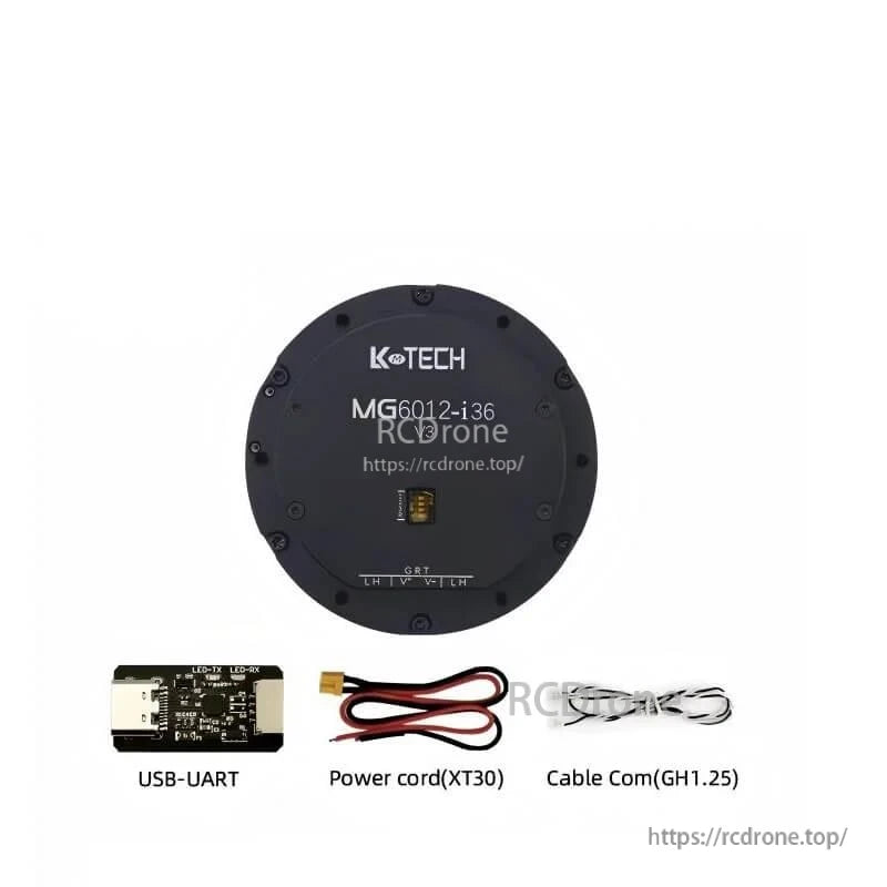 MG6012-i36-V3 motor kit contents with USB-UART adapter, XT30 power cord, and GH1.25 comm cable