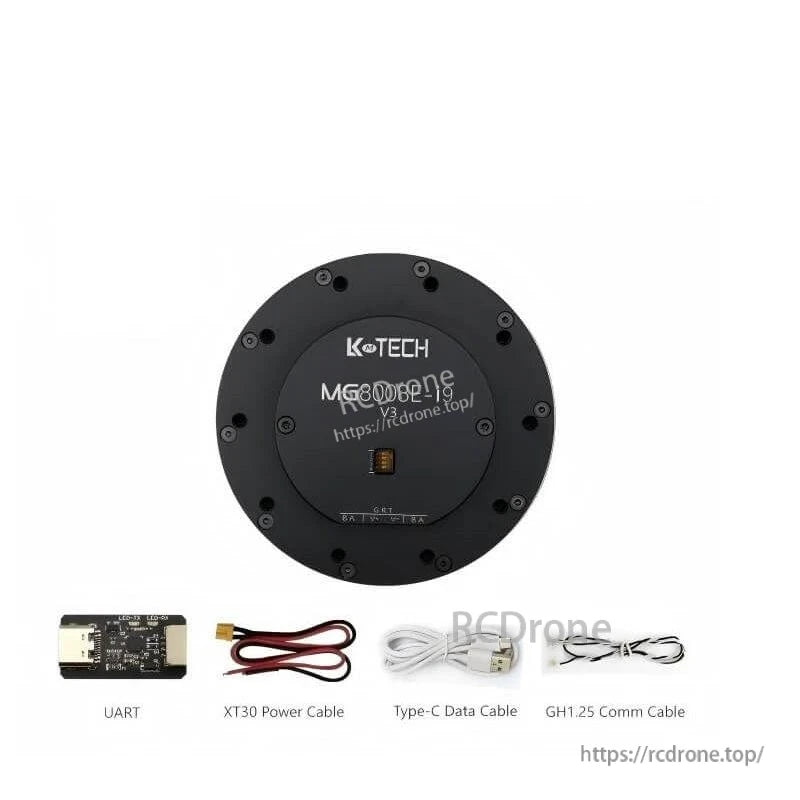 Package contents: MG8008E-i9 motor plus UART board, XT30 power cable, USB-C data cable, GH1.25 comm cable