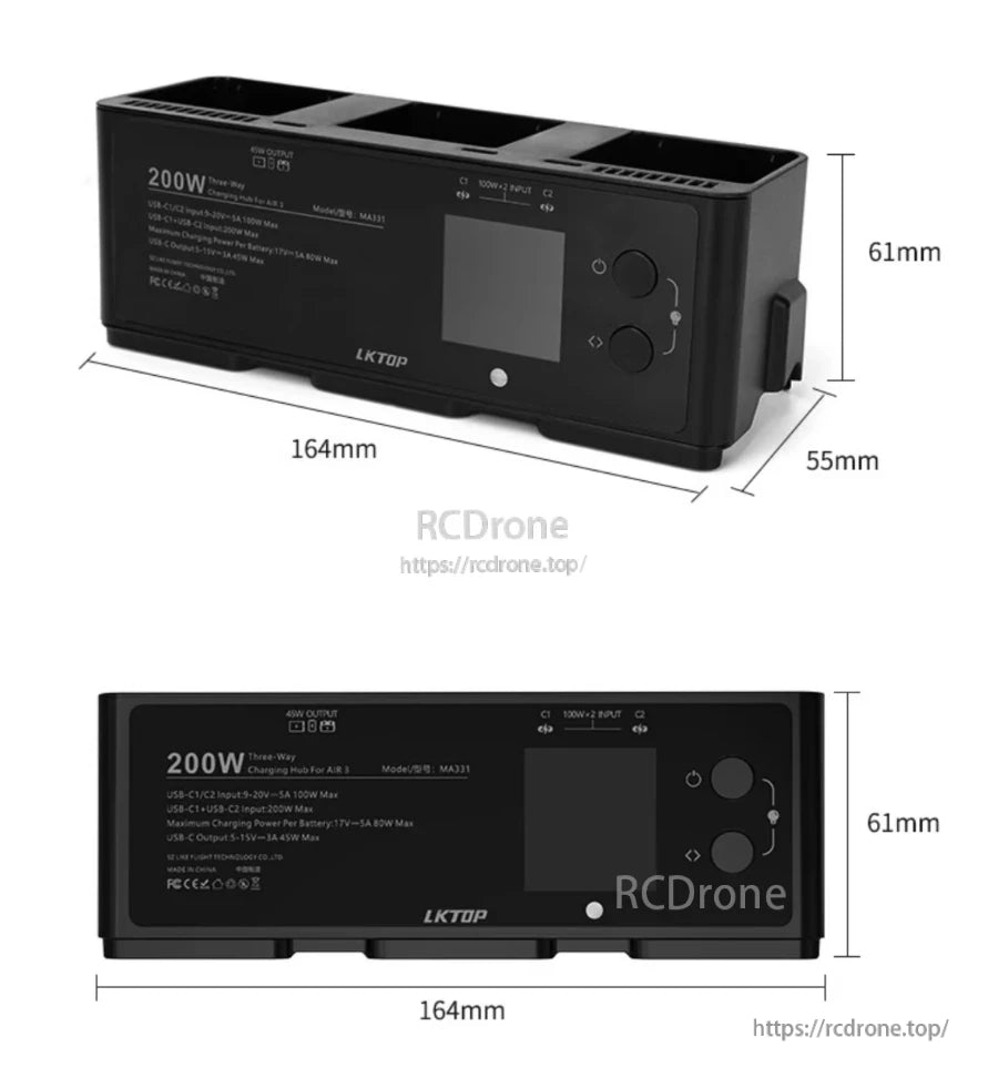 LKTOP 200W DJI Air 3 charging hub features LED screen, fast charging, storage/gather modes, USB-C ports, and 45W per battery output.