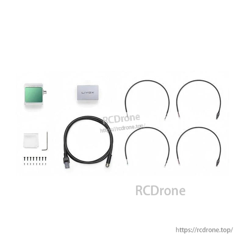 Livox Avia LiDAR kit contents with sensor, mounting plate, screws, cable, and wire leads