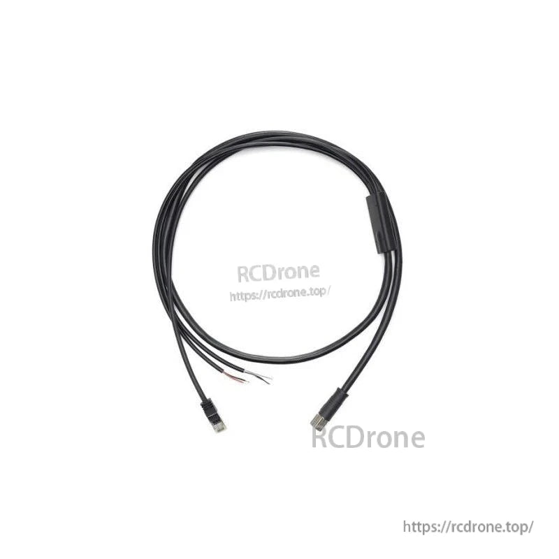 Alternate view of the cable showing inline module housing, USB end, circular connector end, and 3-wire pigtail