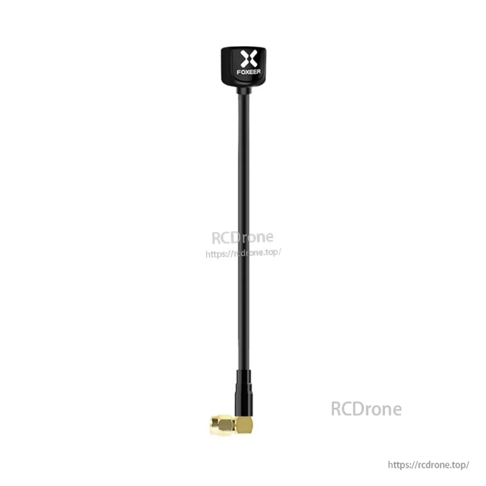 Foxeer Lollipop V4 antenna close view showing square radome on long stem and right-angle SMA plug