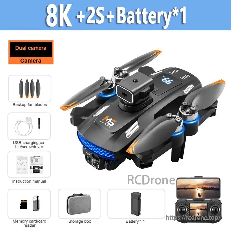 M6 Drone, 8K drone with dual camera, spare blades, battery, USB cable, manual, memory card, reader, and storage box.