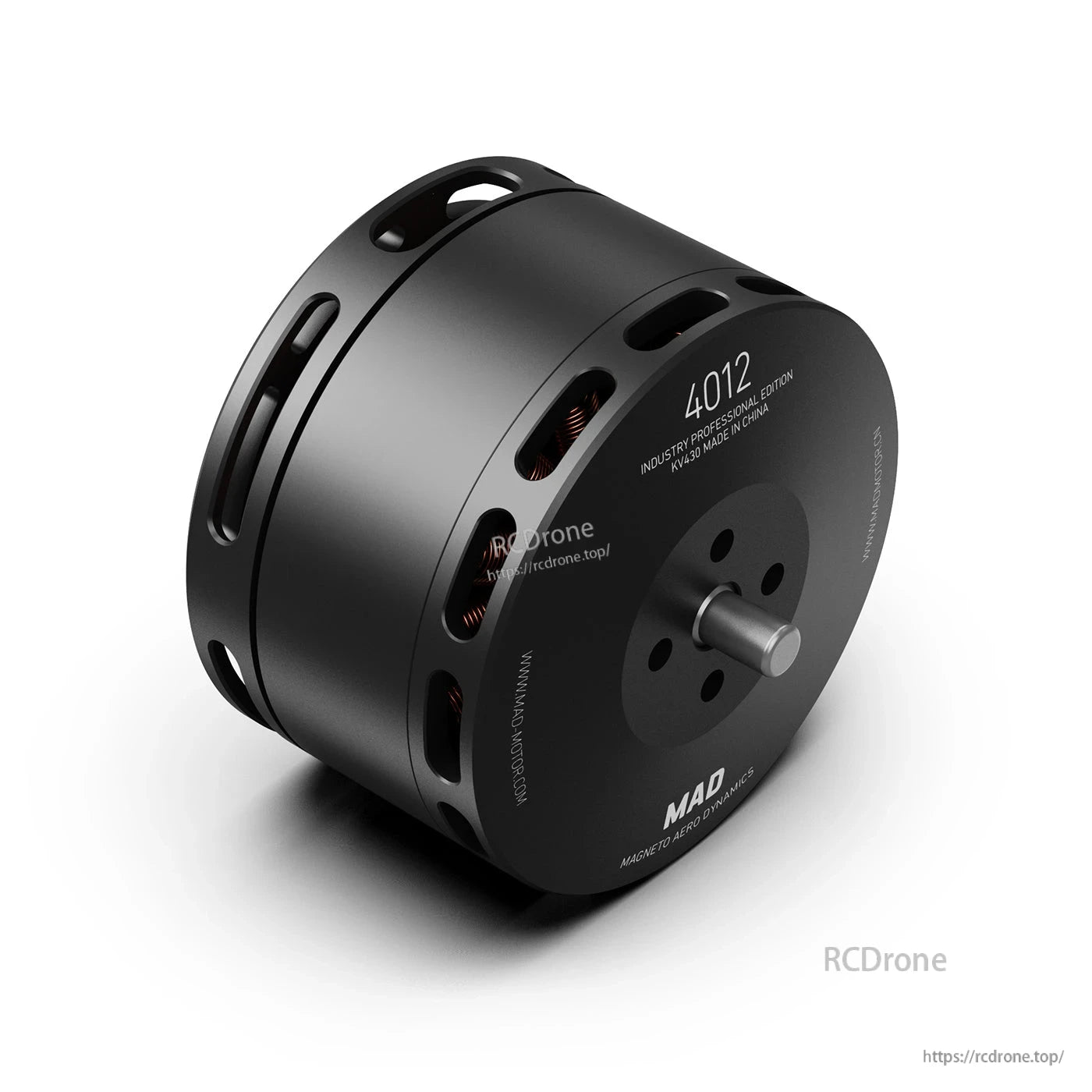 MAD 4012 IPE 430KV Drone Motor, MAD 4012 brushless drone motor with black vented housing, front shaft, and 4012 marking on end bell