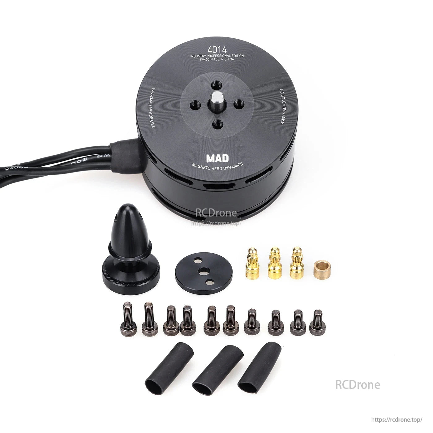 MAD 4014 IPE Drone Motor, MAD 4014 drone motor with attached wires, plus mounting screws, bullet connectors, heat-shrink tubes and adapter parts