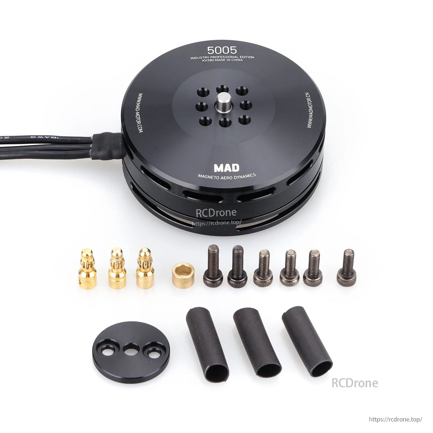MAD 5005 IPE V2.0 drone motor with wiring lead and included hardware, bullet connectors, screws and heat-shrink