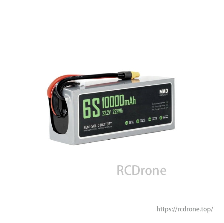 A 6S, 10000mAh, 22.2V semi-solid battery with 222Wh energy is showcased on a digital screen.