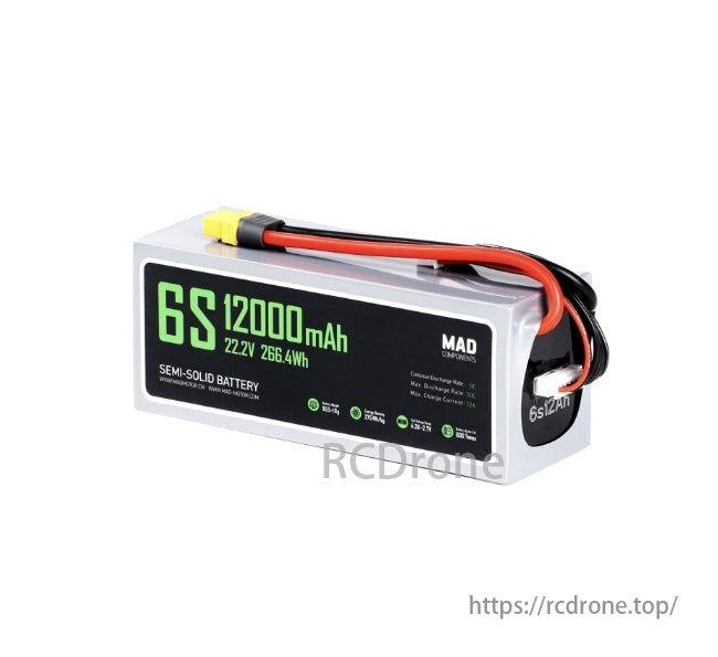 MAD 6S 12Ah Solid State Lithium-ion Drone Battery, MAD Components' 6S 12000mAh, 22.2V battery with 266.4Wh capacity features a semi-solid design.