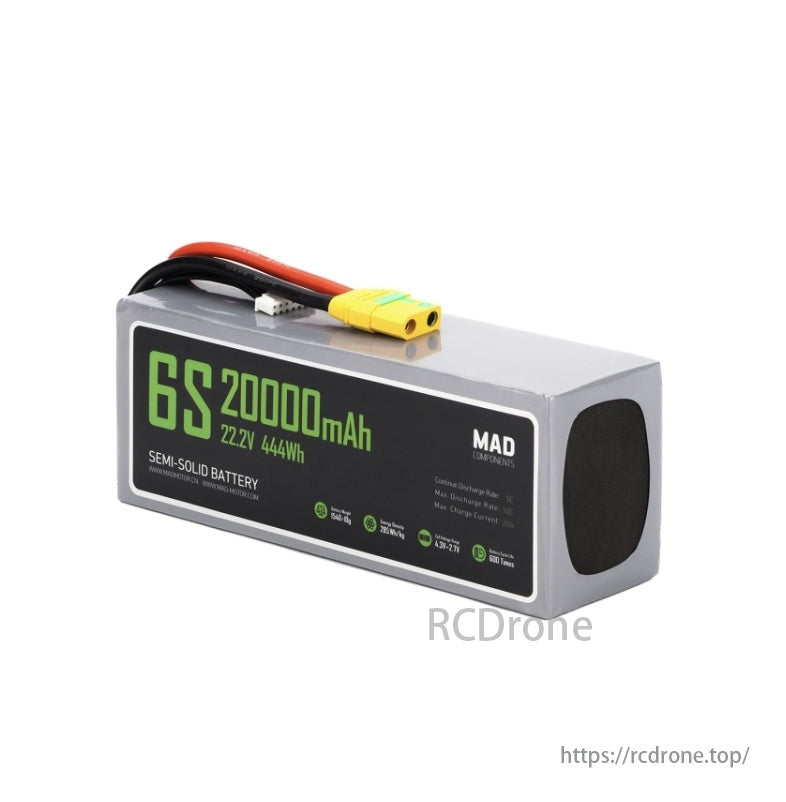 MAD 6S 20Ah Solid State Lithium-ion Drone Battery, A 6S semi-solid battery, 20000mAh, 22.2V, 444Wh, with a yellow connector and black label.