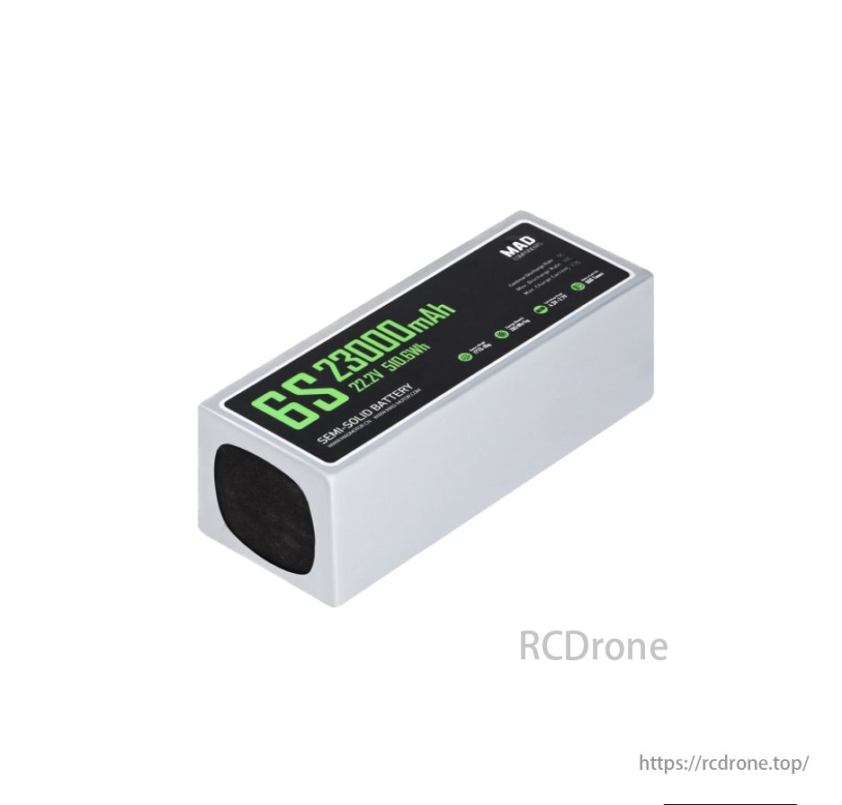 MAD 6S 23Ah Solid State Lithium-ion Drone Battery, GS23000mAh 22.2V semi-solid battery with white and black design.
