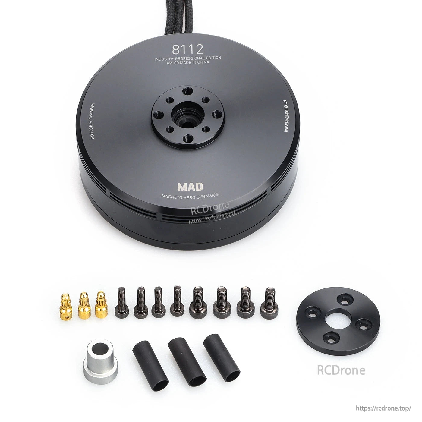 MAD 8112 IPE drone motor with mounting plate, screws, bullet connectors, spacer, and heat-shrink tubes
