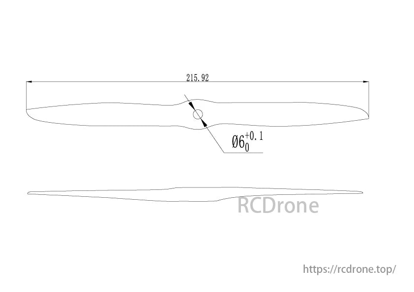 The image shows a technical drawing with a length of 215.92 units and a circular feature measuring 6.0 ± 0.1 units in diameter.