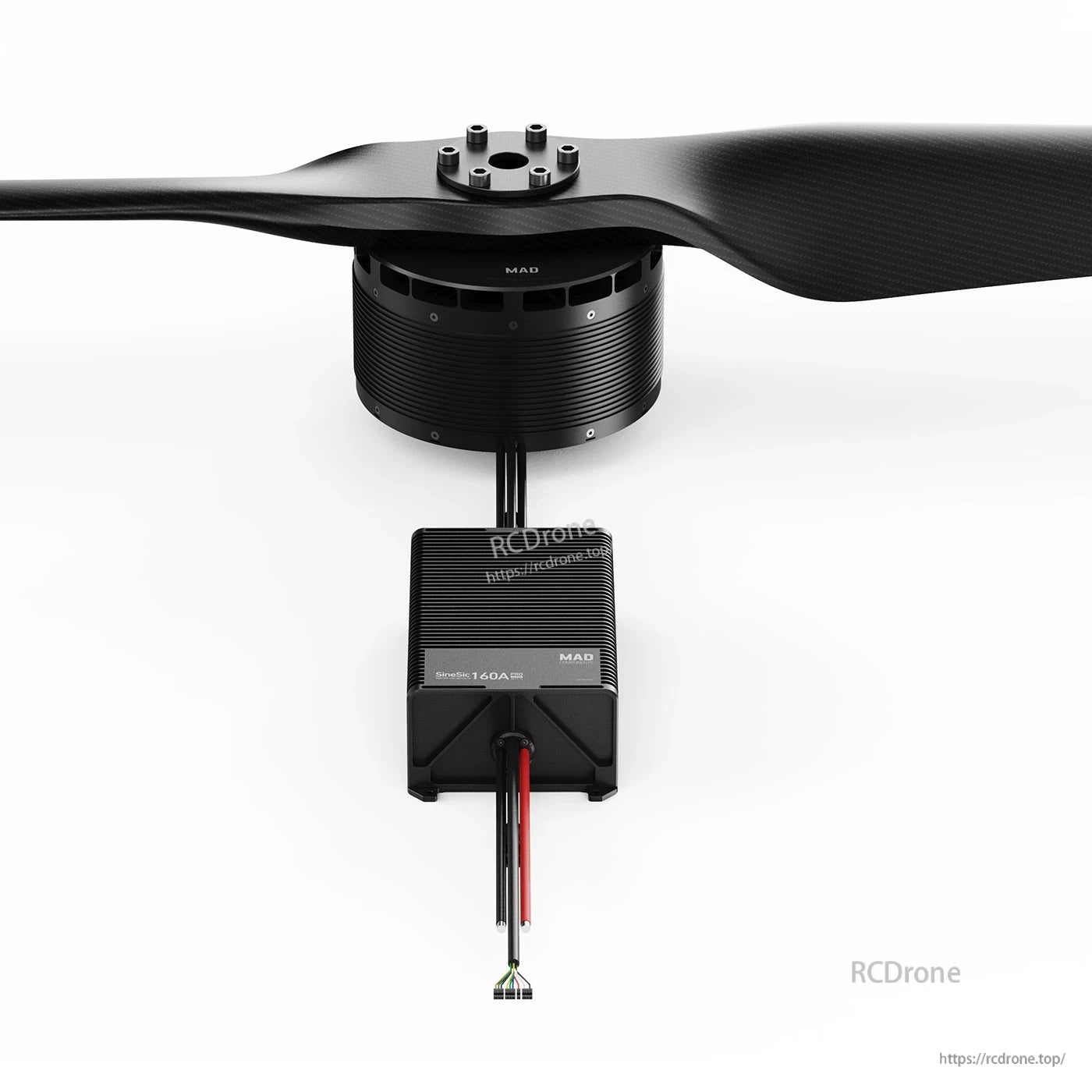 Heavy-lift drone motor with large propeller and SineSic 160A ESC, showing wiring leads and compact layout
