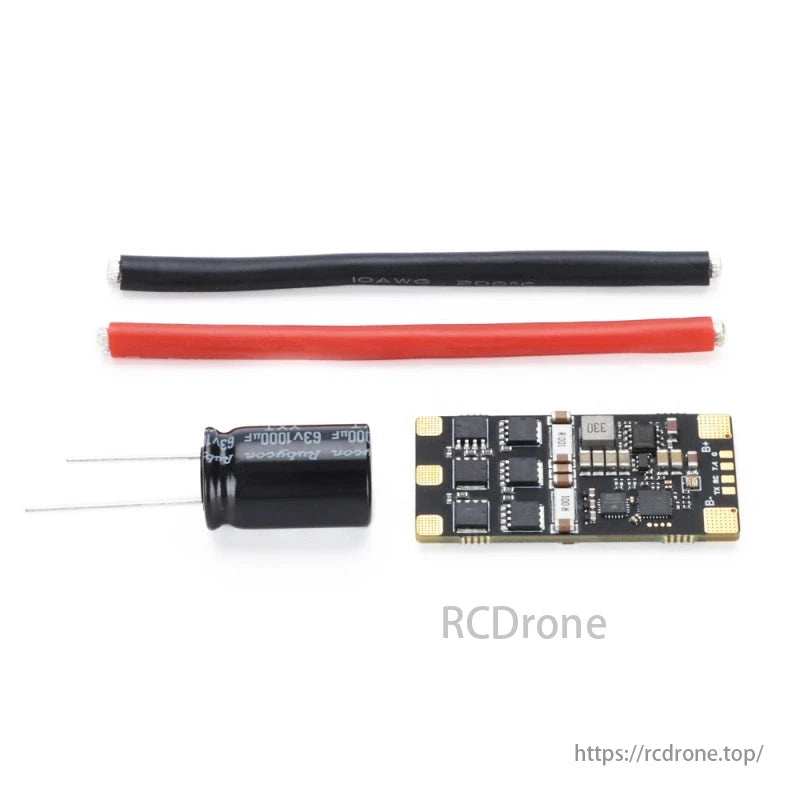 MAD AM32 100A 12S Drone ESC, Circuit components include wires, capacitor, and electronic board.