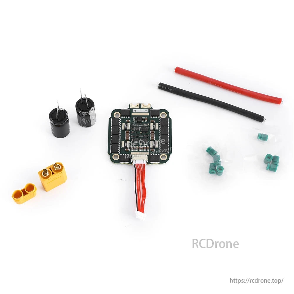 MAD AM32 100A 3-12S 4in1 ESC, MAD AM32 4-in-1 ESC board with wiring harness, capacitors, XT60 connector, heat-shrink tubing, and hardware