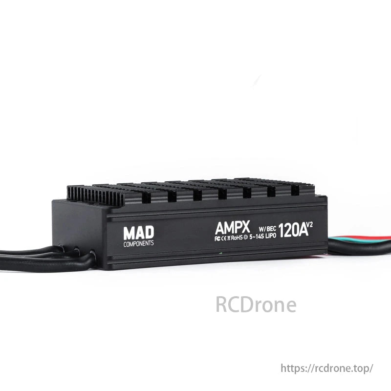 MAD AMPX 120A (5-14S) Drone ESC, MAD Components AMPX 120A V2 ESC with BEC, compatible with 5-14S LiPo batteries, offers advanced drone motor control.