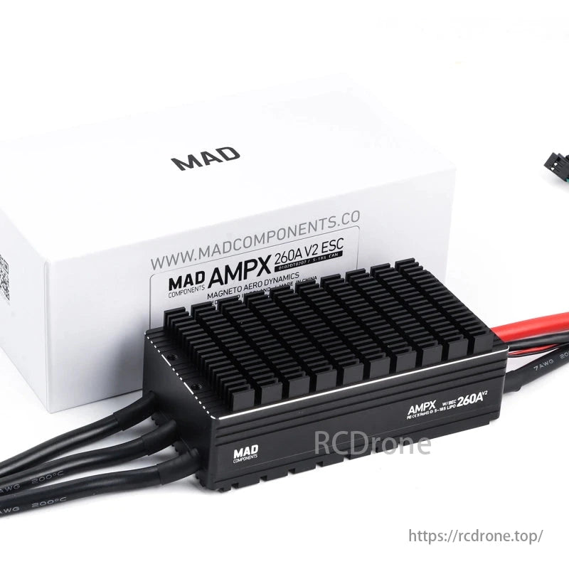 MAD AMPX 260A (5-18S) Drone ESC, MAD Components AMPX 260A V2 ESC: Black electronic device with heat sink, wires, and MAD logo box in background.
