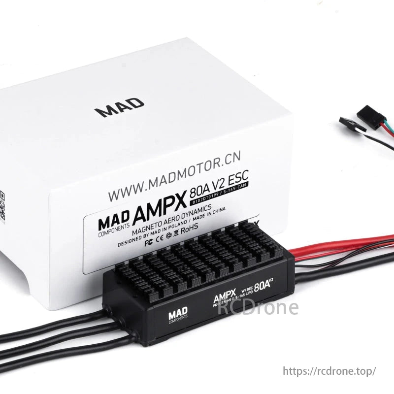MAD AMPX 80A (5-14S) Drone ESC, MAD Components AMPX 80A V2 ESC, designed in Poland, made in China, features RoHS compliance and CE certification.