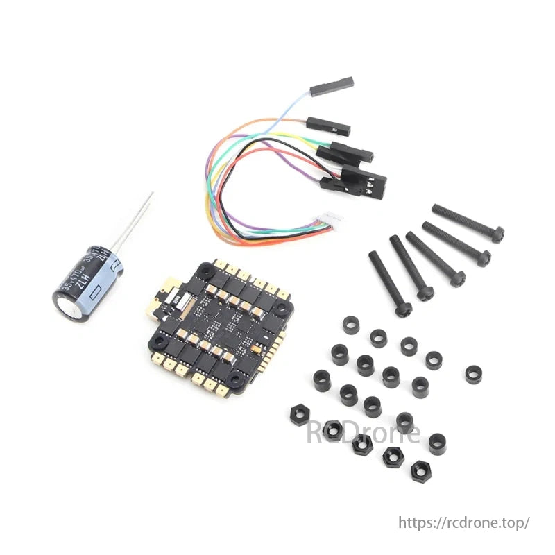 MAD BL-32 60A 6S 4IN1 64Mhz Drone ESC, Electronic components, including a circuit board, screws, nuts, and wires.