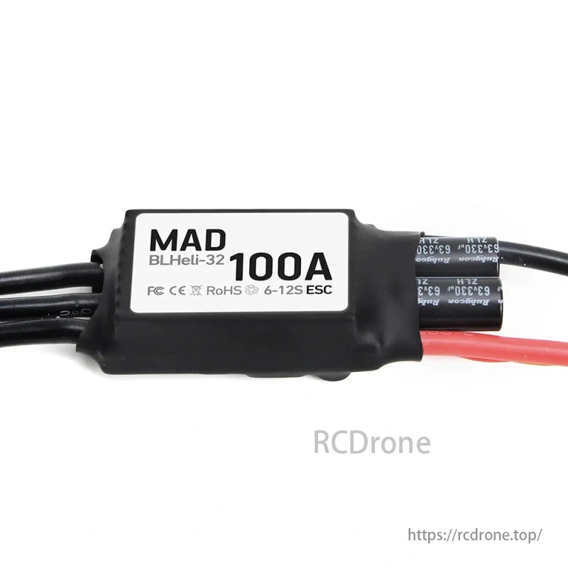 MAD BLHELI_32 100A 6-12S Drone ESC, MAD BLHeli-32 100A ESC supports 6-12S batteries, with CE and RoHS compliance for safety and environmental standards.