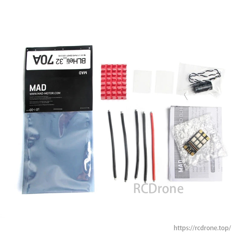 MAD BLHeli_32 / AM32 70A 2-8S Drone ESC, MAD Motor components include ESC, wires, heat sink, and connectors.