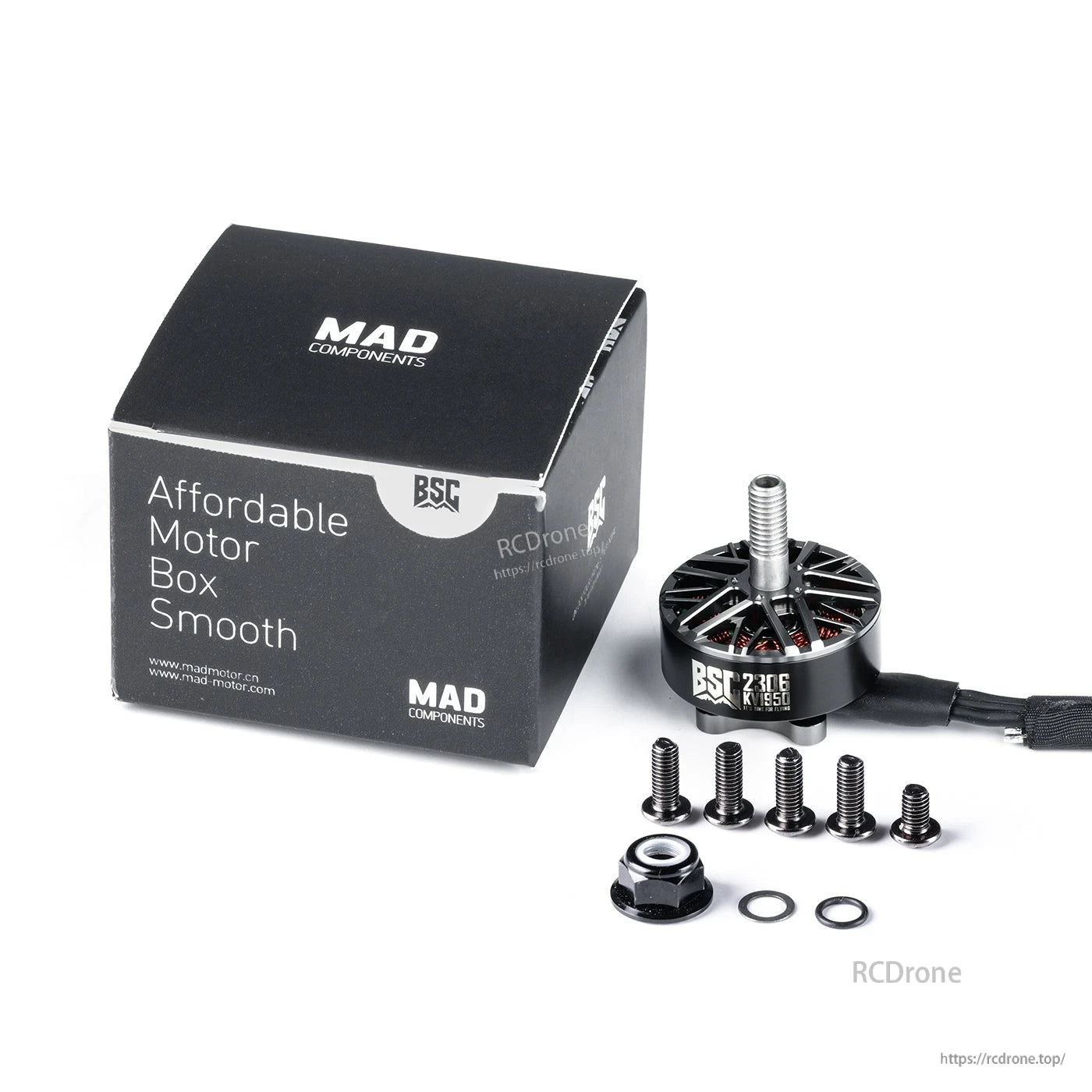 MAD BSC2306 V1.0 FPV drone motor with mounting screws, lock nut, washers, and MAD Components box