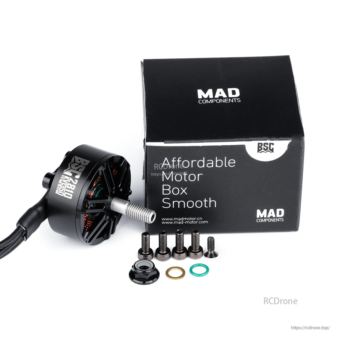 MAD BSC2810 V1.0 FPV Drone Motor, MAD BSC2810 brushless FPV drone motor with mounting hardware and MAD Components box