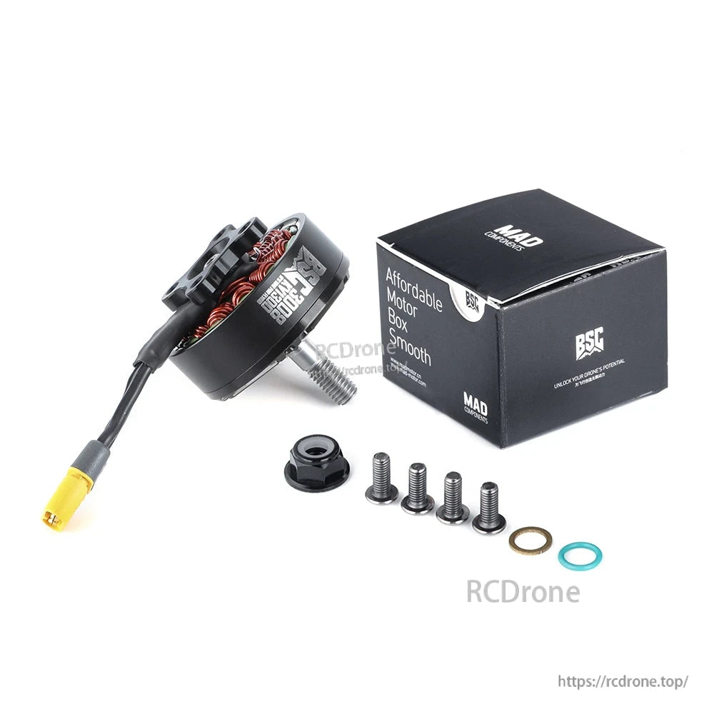 MAD BSC3008 1300KV 6S FPV Drone Motor, MAD BSC3008 FPV drone brushless motor with yellow plug lead, mounting screws, washers, and box