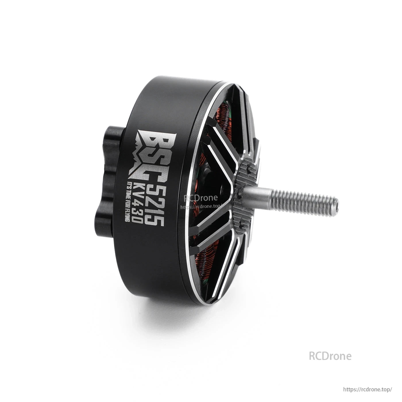 MAD BSC5215 430KV FPV Drone Brushless Motor, MAD BSC5215 KV430 brushless FPV drone motor with black housing, open bell design, and threaded shaft