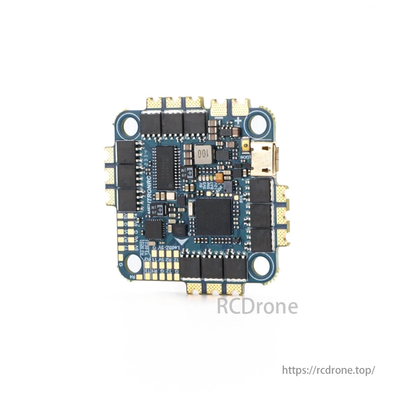 MAD F745 80A 3-8S G30.5 AIO Flight Controller, A blue circuit board with various electronic components and connectors.