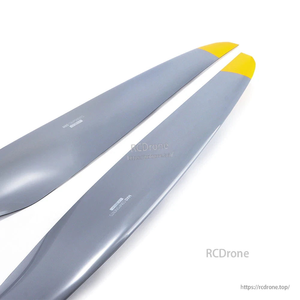MAD FLUXER PRO 63-inch carbon fiber paramotor propeller blades with gray finish and yellow tips