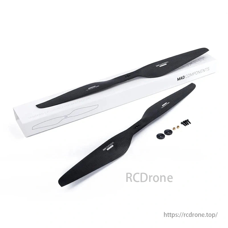 Two black MAD COMPONENTS propellers with a white box and small hardware, including screws and washers.