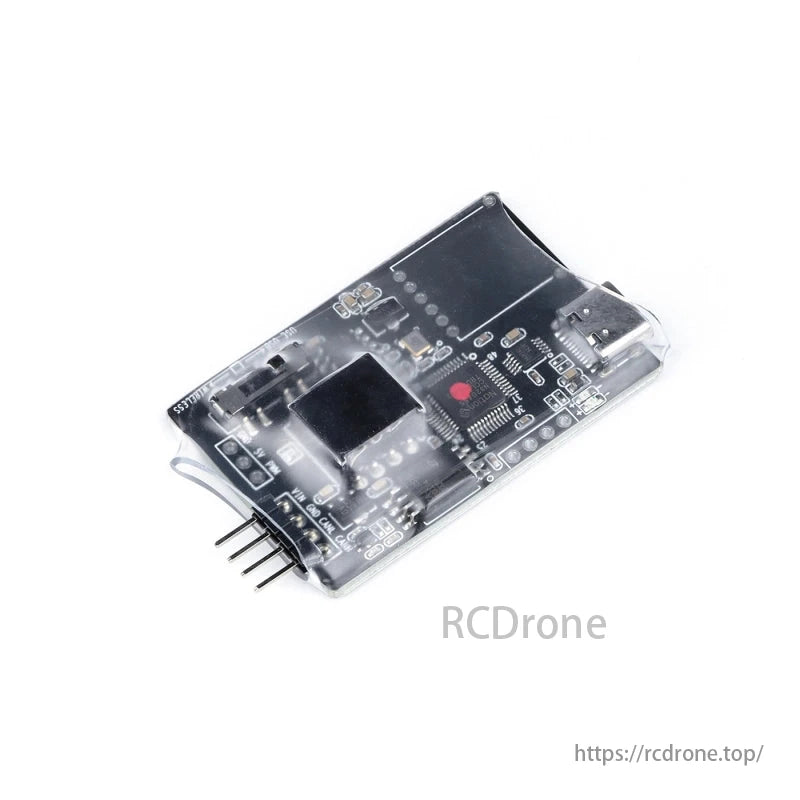 MAD FOC 40A 6S Drone ESC, A transparent electronic component with various connectors and a red dot.