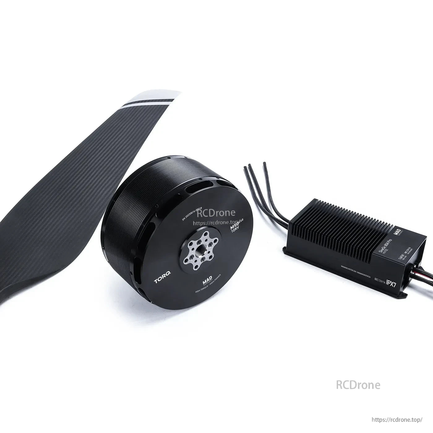 MAD HB60-64X20 drone power combo with large motor, carbon prop blade, and finned ESC with wiring