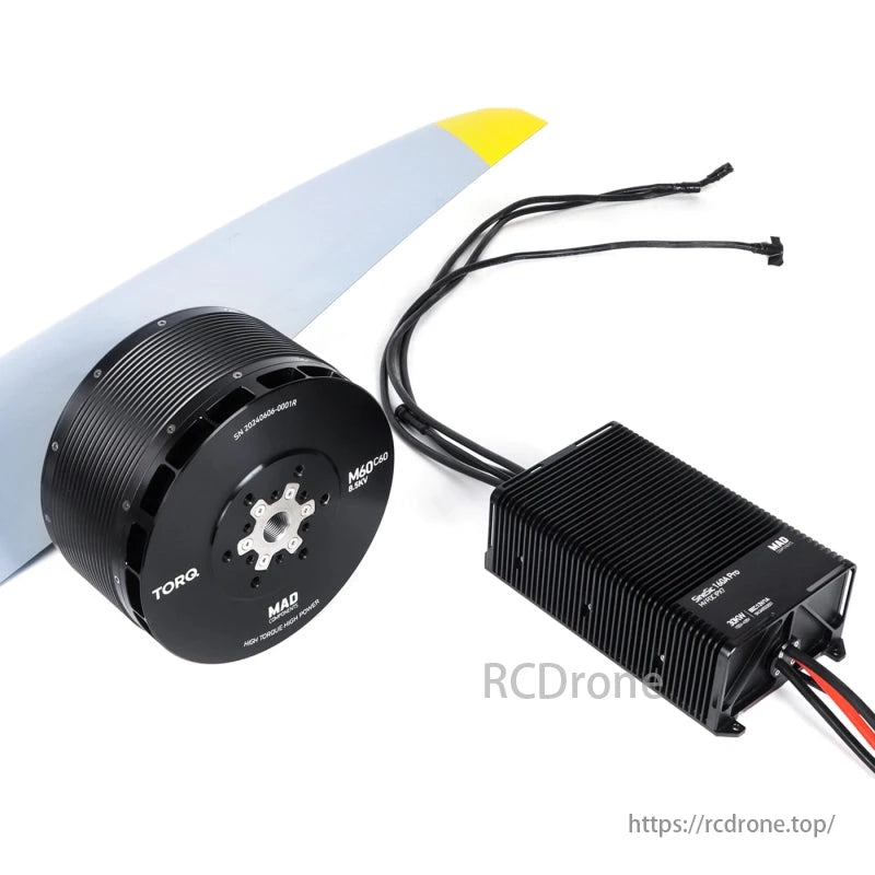 MAD HB90-72X25 8.5KV Drone Arm Set, A black "TORQ" motor is wired to a rectangular electronic component.