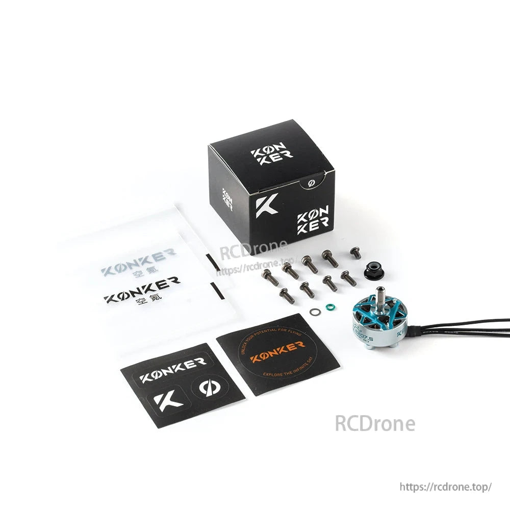 MAD KONKER 2207.5 FPV Motor, MAD KONKER 2207.5 FPV brushless motor with Konker box, mounting screws, washers, and decals