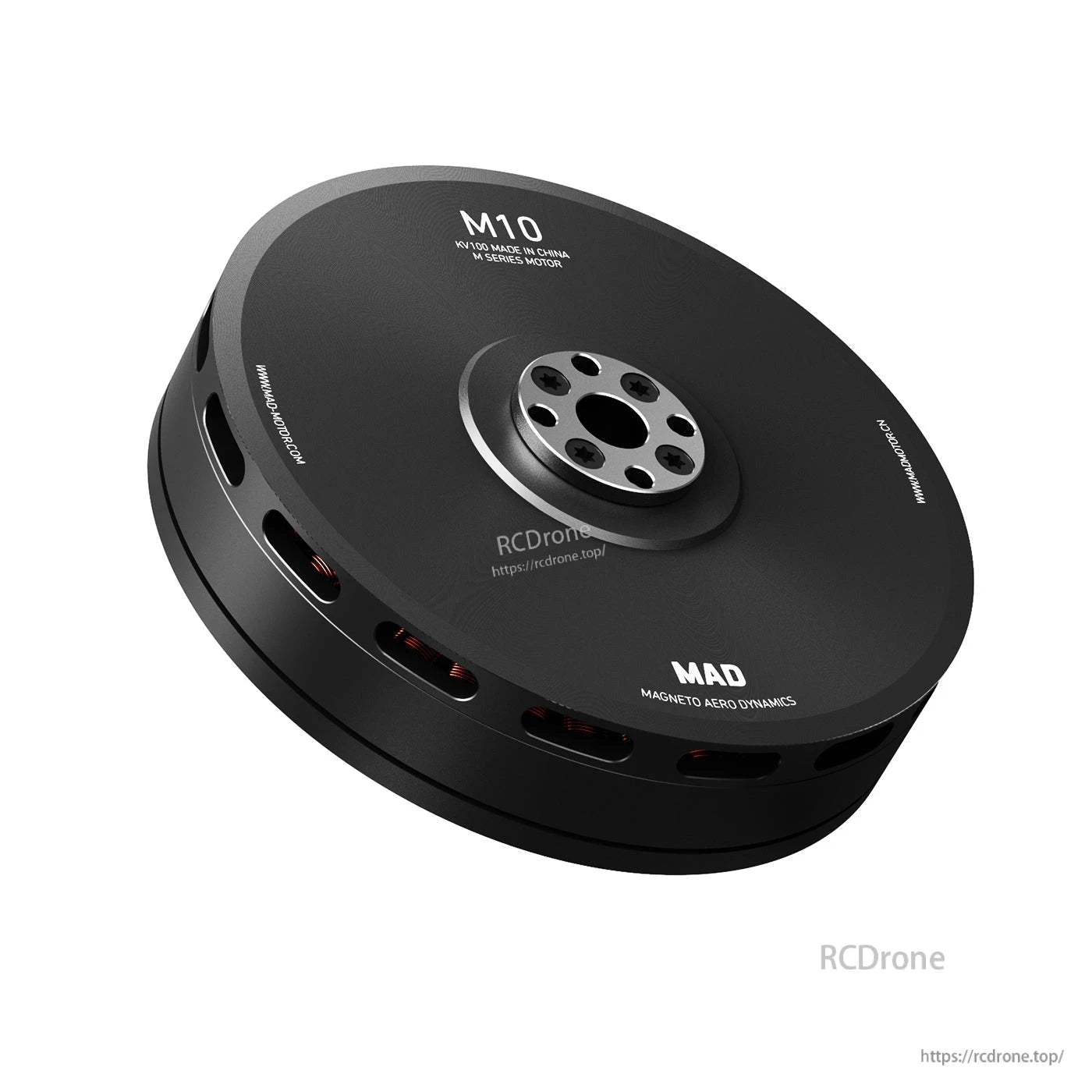 MAD M10 IPE V2.0 drone motor with round black housing, vent slots, and multi-hole mounting hub