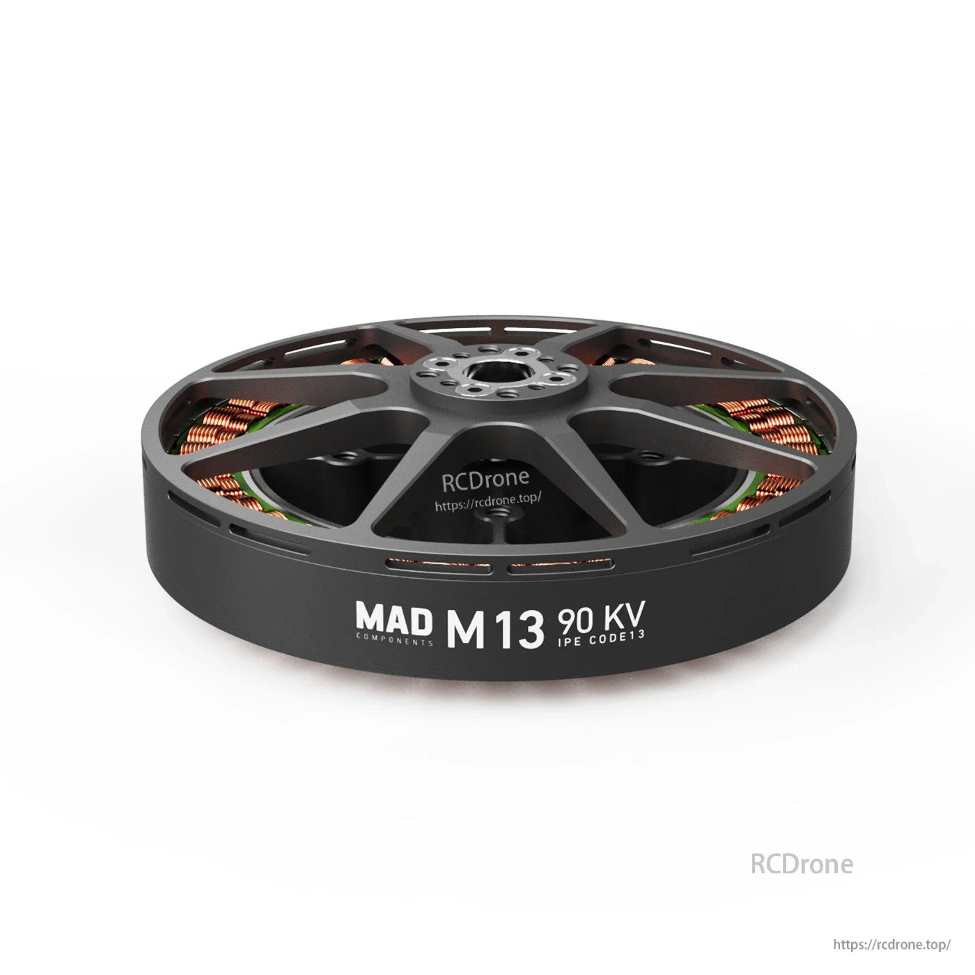 MAD M13 EEE 90KV Drone Motor, MAD M13 90KV drone motor in black, low-profile outrunner design with visible copper windings
