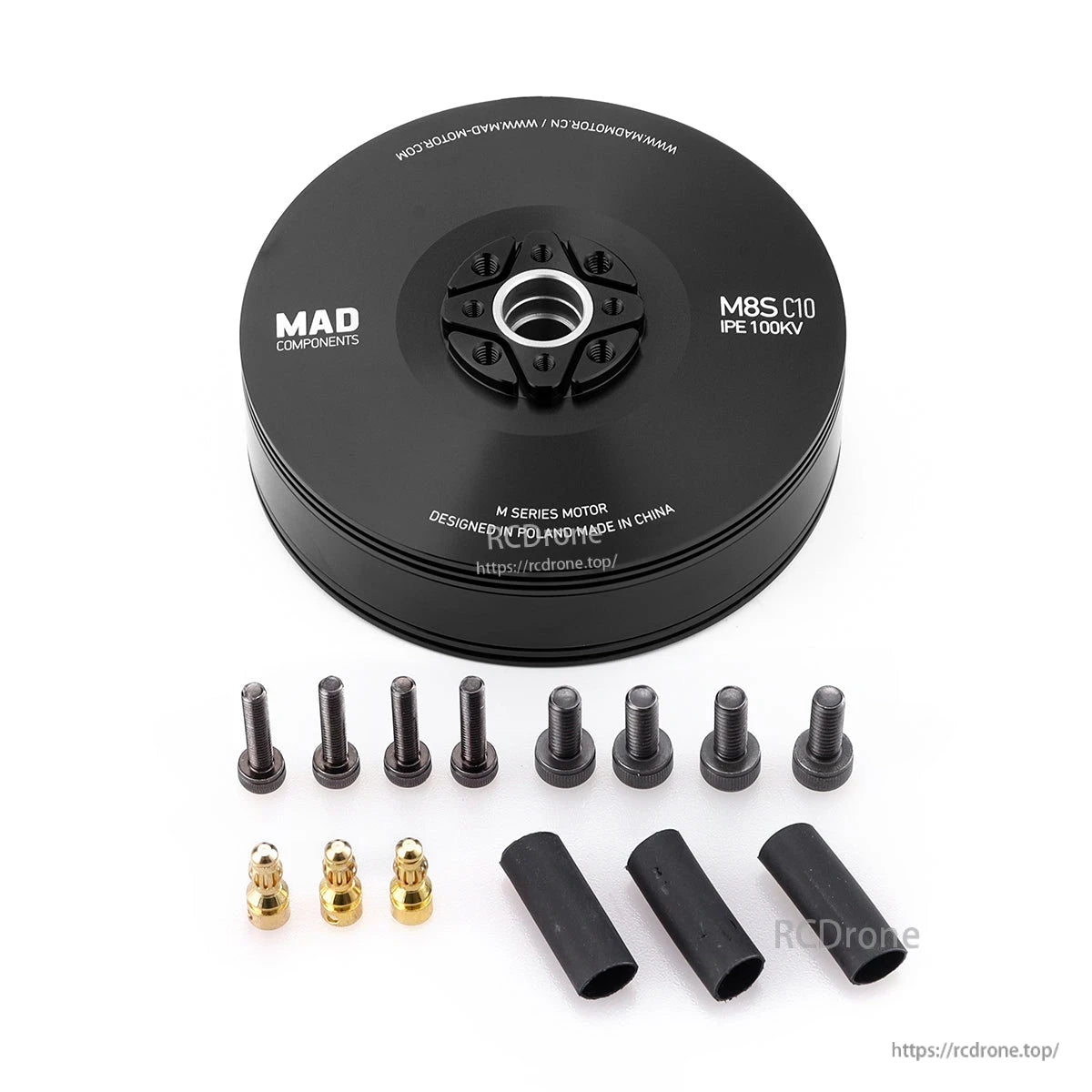 MAD M8S C10 (8110) IPE V1.0 100KV Drone Motor, MAD M8S C10 IPE 100KV drone motor parts kit with screws, bullet connectors, and heat shrink tubing