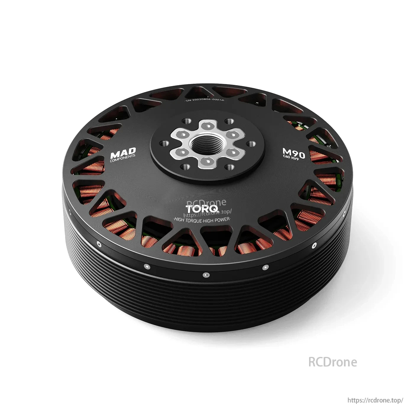 MAD M90C60 EEE 9KV Manned Drone Motor, MAD M90C60 large outrunner drone motor with low-profile housing, exposed copper windings, and threaded hub