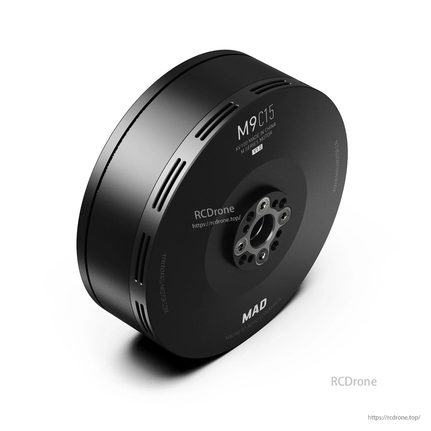 MAD M9C15 IPE V1.0 drone motor with round black housing, vent slots, and central aluminum mounting hub