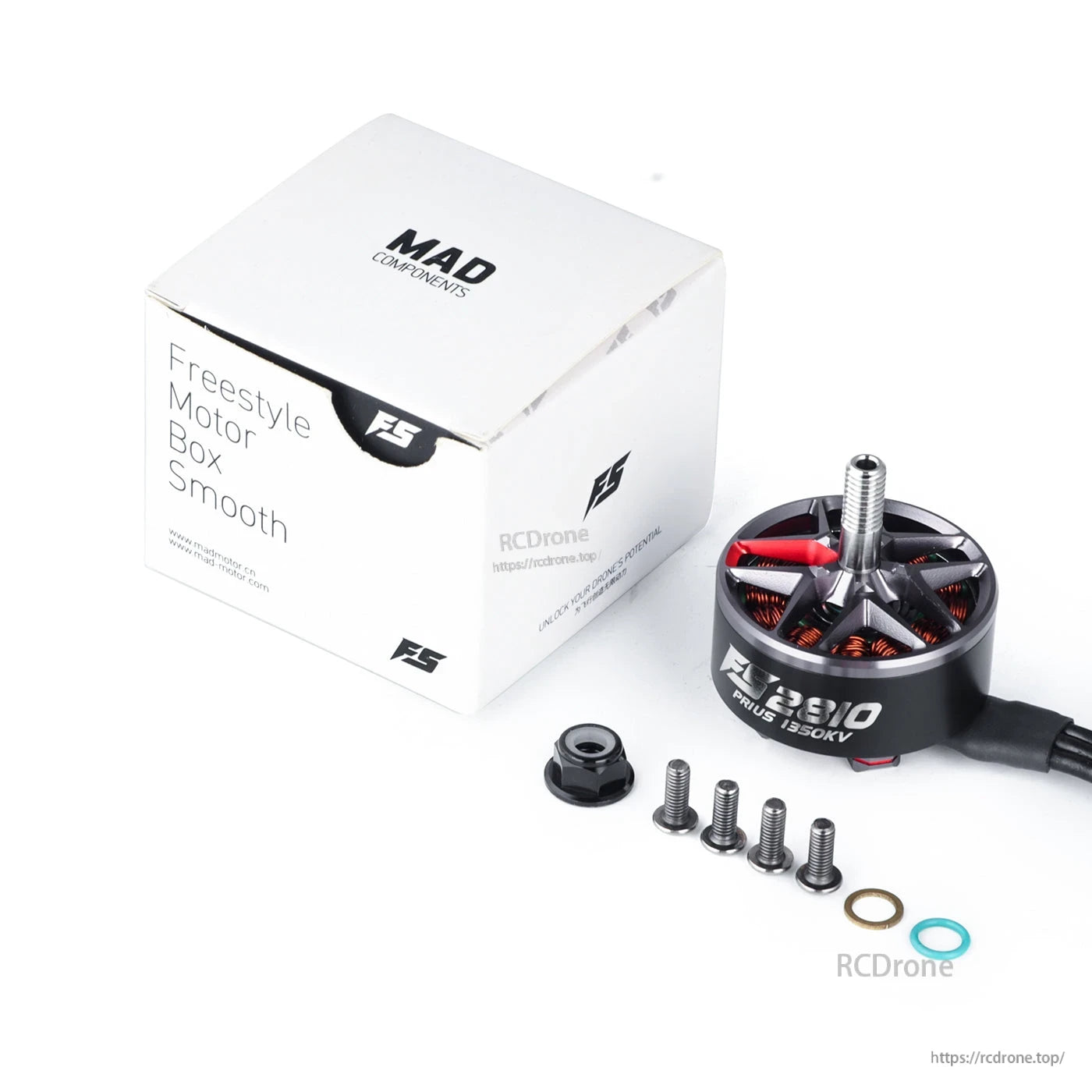 MAD Prius FS2810 V1.0 FPV Drone Motor, MAD Prius FS2810 FPV drone motor with mounting screws and hardware, shown next to branded FS box