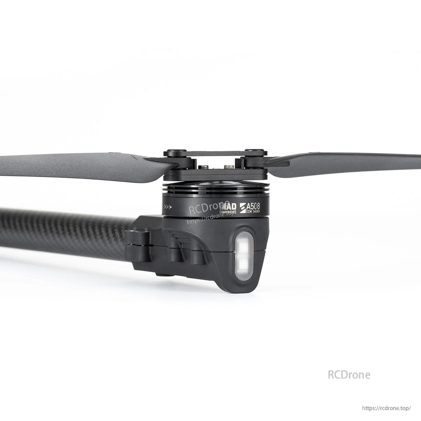 MAD StableCore A508 drone arm with carbon fiber tube and mounted RCDroMAD A508 motor and propeller