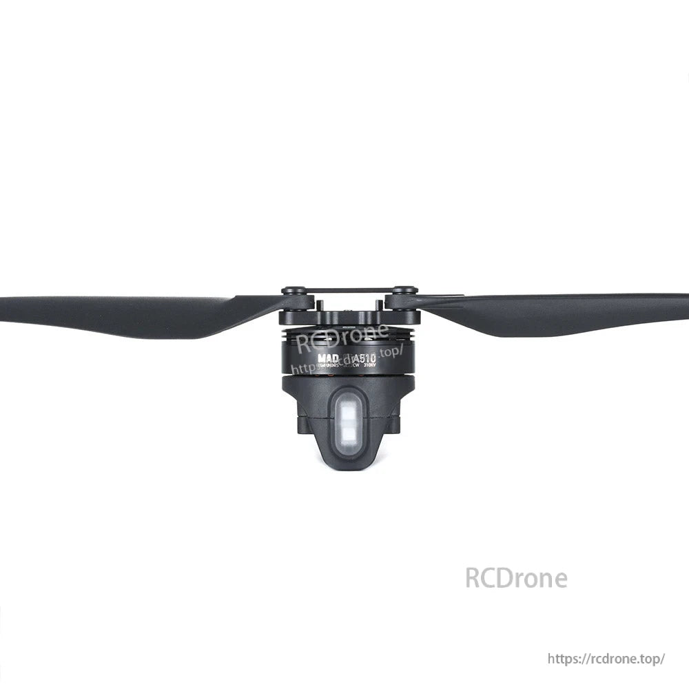 MAD StableCore A510 Drone Arm, MAD A510 drone motor with two-blade propeller mounted, front view on white background
