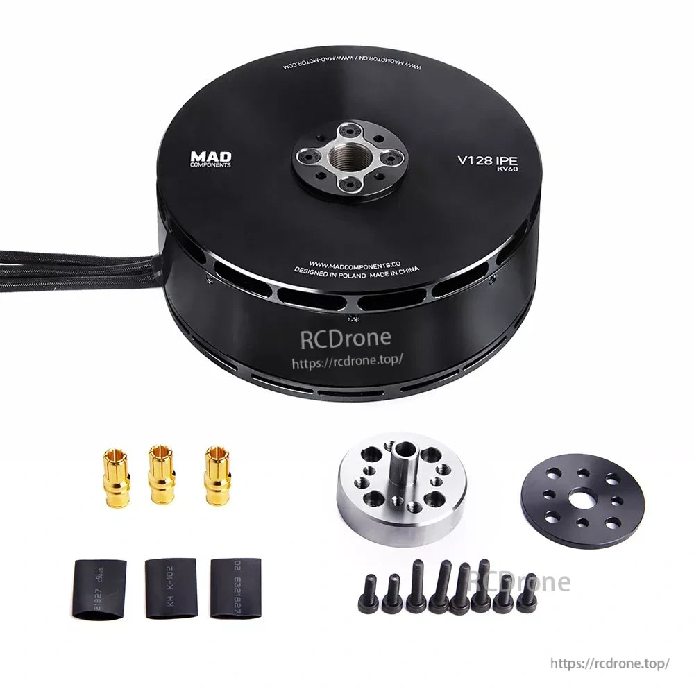 MAD V128 IPE V2.0 eVTOL UAV Drone Motor, MAD V128 IPE KV60 eVTOL UAV drone motor with mounting hardware, bullet connectors, screws, and heat-shrink tubing