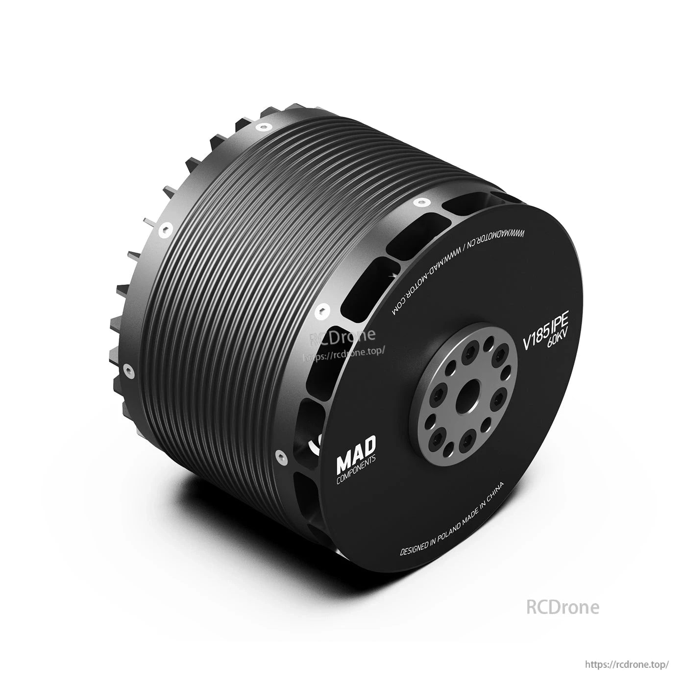 MAD V185 IPE V1.0 60KV eVTOL Airplane Drone Motor, MAD V185 IPE 60KV eVTOL drone motor with ribbed cylindrical housing and front mounting plate