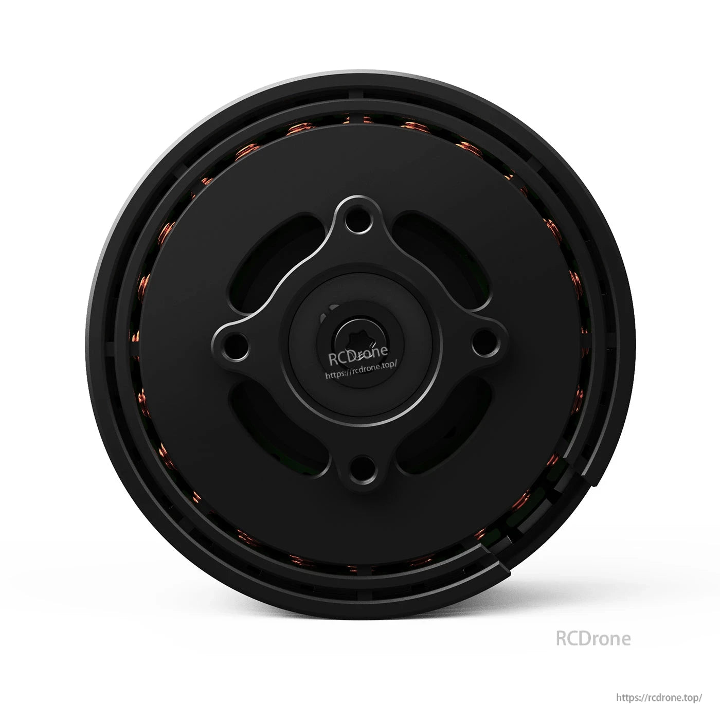 Black eVTOL drone motor with circular housing, front mounting plate and visible copper windings