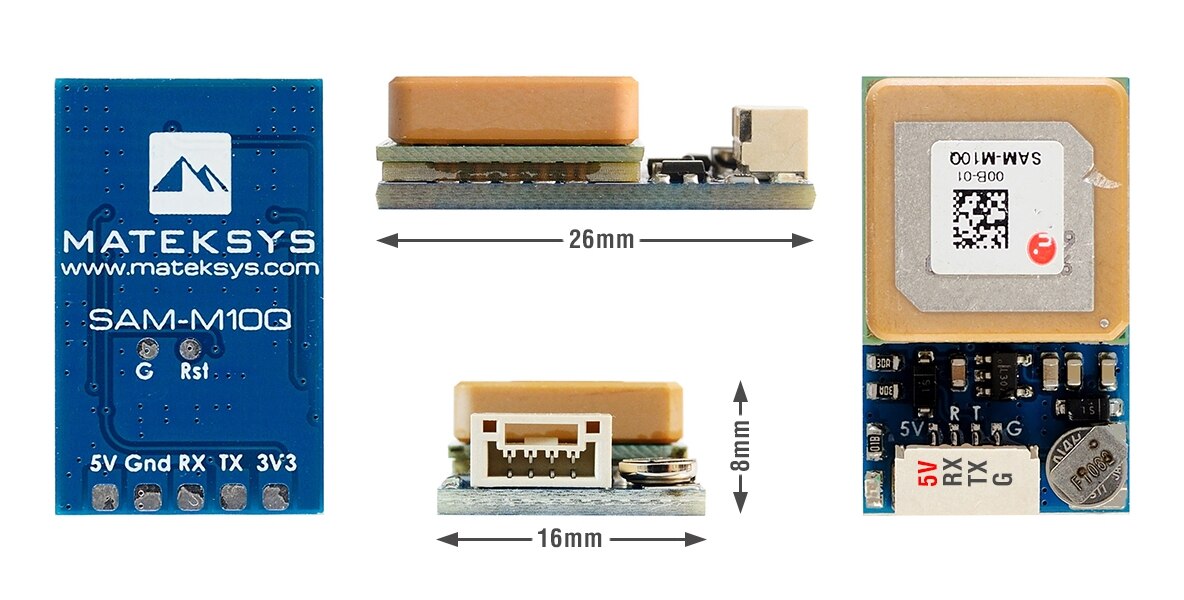 Matek SAM-M10Q GNSS module with patch antenna, JST-GH connector, and labeled 5V/GND/RX/TX pads